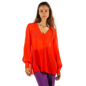 Chic Button Detail Long Chiffon V Neck Blouse with Front Pleats and Sleeve Cuffs ideal for cocktail party