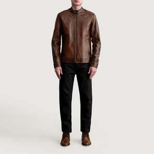 เสื้อแจ็คเก็ตหนังแกะแท้ Zen รุ่น Biker สีน้ำตาลแบบดิสเทรส พร้อมซิป  แบบเทรนช์โค้ท กันน้ำ  สำหรับฤดูใบไม้ร่วง ไซส์ XS  วัสดุ PU - Product Image 4
