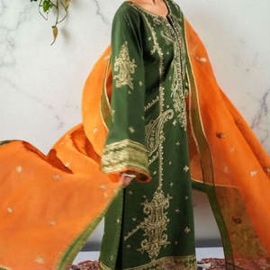 Mesdames prêt-à-porter Costume de broderie décontracté Chemise longue trois pièces avec pantalon et costume Dupatta de style indien pakistanais - Product Image 2