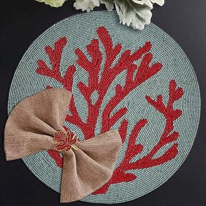Antique Blue Teal Red <b>Beaded</b> <b>Placemats</b> With Coral Design for Wedding Christmas Decorations Family Gatherings Impressive Parties - Product Image 2