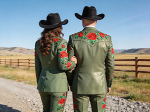 Conjunto de Traje Bordado Estilo Occidental Verde Oliva para Hombre y Mujer, Blazer y Pantalones Estilo Vaquero - Product Image 2