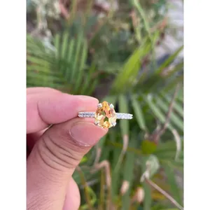 Romantic <b>925</b> <b>Silver</b> Pear Citrine <b>Ring</b> Rose Gold & Gold Plated Set <b>with</b> Natural Gemstones Jade Inlaid Claw Setting for Engagement - Product Image 1