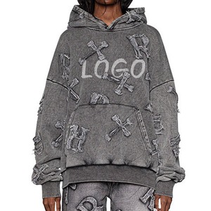 Patchs personnalisés en denim vieilli lettres brodées, sweat à capuche surdimensionné vintage en détresse, sweat à capuche OEM Streetwear, lavé à l'acide - Product Image 4