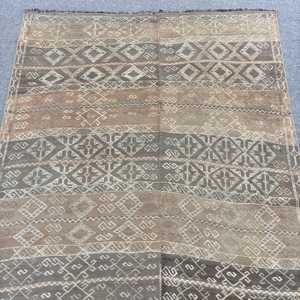 Turkish Vintage Rug 4.2x6.4 ft, Kilim <b>Brown</b> Check <b>Wool</b> Rug - Product Image 5