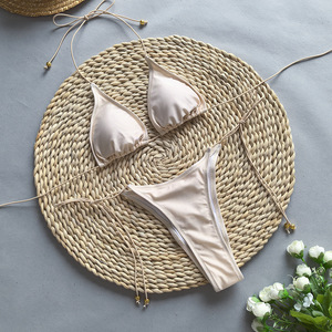 Ensemble bikini string 2 pièces sexy pour femme, vente en gros, vêtements de plage avec appliques en dentelle à pampilles et strass, 2025 Tan Through - Product Image 3