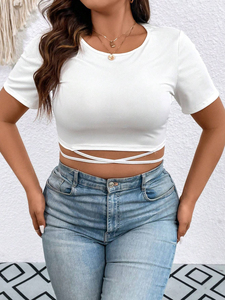 Camiseta de mujer personalizada, estilo urbano, holgada, ecológica, informal de verano, cuello redondo, transpirable, top corto para damas. - Product Image 4