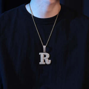 <b>Letter</b> <b>R</b> Pendant <b>Necklace</b> Gold Plated Moissante 925 silver Pave Setting Hiphop Style Unisex Jewelry - Product Image 6