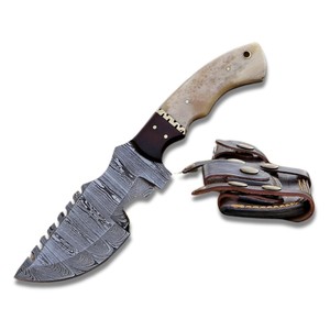 Cuchillo rastreador de hoja de acero de Damasco hecho a mano con mango de hueso y madera OEM/DIY personalizado compatible con Camping. - Product Image 1