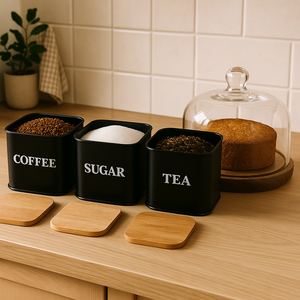 Modern Set of 3 Black Metal Wood Airtight Food Storage Containers with Lids Coffee <b>Tea</b> Sugar <b>Canister</b> Kitchen Storage Box - Product Image 6