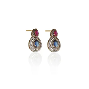 Magnifiques boucles d'oreilles pendantes en forme de goutte d'eau en rubis et saphir plaqué or 18 carats pour femmes - Product Image 1