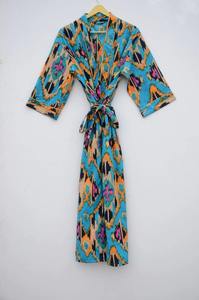 Bata Kimono de Algodón Ikat Turquesa Unisex, Larga, con Cuello en V y Cintura Ajustable, Ligera, para Descansar y Dormir, para Verano y Otoño - Product Image 5
