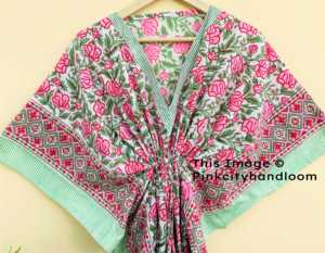 Ropa de dormir de algodón Maxi vestido caftán para mujer bloque estampado albornoces Bikini corto playa cubrir Kimono con cuello en V - Product Image 6