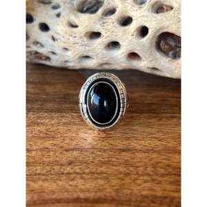 Navajo-Handmade Statement <b>Adjustable</b> <b>Ring</b> Onyx and Sterling Silver with Bezel Setting Stylish Trendy Size 6.5 Perfect Gift - Product Image 1