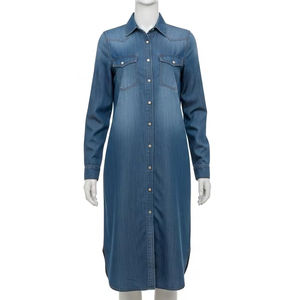 Long Sleeve Denim Casual Dresses Soft Cotton Fabric Button Down Waist Belt Ladies Streetwear Outfits for Daily Office Fashion - Product Image 1