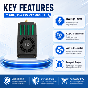 Transmisor de Video FPV VTX de 7.2GHz y 10W de Alta Potencia y Largo Alcance con Ventilador Integrado para Drones FPV UAV - Product Image 2
