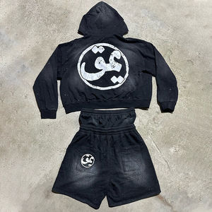 Custom <b>Men's</b> Casual Mid Waist Baggy Acid Wash Sweat <b>Shorts</b> Set Full <b>Zip</b> Rhinestone Faded Double Hoodie <b>Shorts</b> Cotton Material - Product Image 3