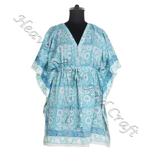 100% algodón de calidad Premium estampado de bloque de mano mejor caftán suave KFCS009 peso ligero mujeres Casual ocasión desgaste corto caftán vestido - Product Image 5