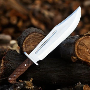 Couteau Bowie de chasse et de camping à lame fixe pleine longueur en acier inoxydable fait main, à bord dentelé, avec manche en bois et étui en cuir - Product Image 2