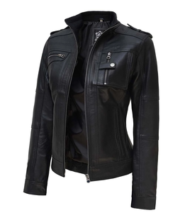 Custom Women Biker Jacket High Quality Genuine Black Denim Streetwear New Arrival Big Size Winter Leather with Cotton Filling - Product Image 5