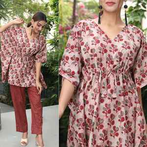 Caftans courts de conception de fleur de couleur pêche sur mesure ensemble complet en tissu 100% coton disponible dans les tailles aussi bien. - Product Image 3