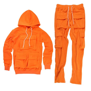 Ensemble de survêtement pour homme en molleton 2 pièces pour l'automne et l'hiver, pantalon long streetwear avec poches cargo, sweat-shirt à capuche, survêtement uni teint - Product Image 2
