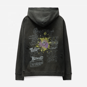 Sudadera con capucha lavada con ácido vintage unisex, logotipo de impresión personalizado, algodón transpirable, sin cuerdas, grafiti, peso pesado, sólido desgastado - Product Image 5