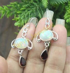 Ethiopian Opal And Red Garnet Dangle <b>Earrings</b> 925 Sterling Silver <b>Handmade</b> <b>Earrings</b> Opal And Garnet Gift Jewelry Gift For Her - Product Image 3
