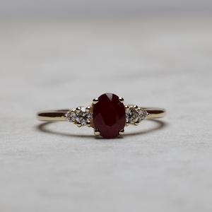 8x6mm Oval Cut Red CZ Engagement Ring | Three <b>Stone</b> Ring Women | Gold Band Bridal Wedding Promise Ring Anniversary Jewelry - Product Image 1