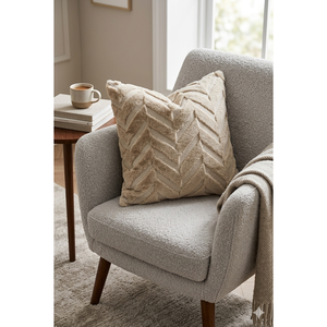 Beige Cushion <b>Fabric</b> with Zigzag Pattern Pillow Cover - Product Image 1