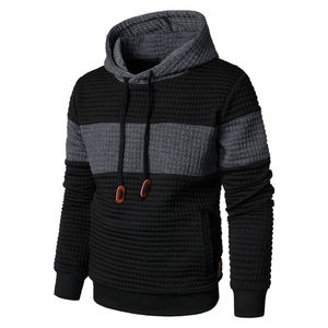 Wholesale Men's Textured <b>Waffle</b> Knit Hoodie Color <b>Block</b> Patchwork Pullover Long Sleeve Streetwear Casual Hooded Sweatshirt - Product Image 2