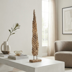 Handcrafted <b>wooden</b> leaf lumintu stand sculpture <b>rustic</b> teak carved feather statue <b>wooden</b> base table accent decor setup unit item - Product Image 3