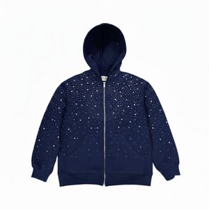 Sudadera con Capucha Personalizada de Estilo Urbano, Azul Marino, con Cierre y Pedrería, para Hombre, de Algodón Grueso, con Logotipo Personalizado, de Alta Calidad - Product Image 3