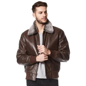 Blouson aviateur classique pour homme en cuir marron, col en fausse fourrure vintage, poignets côtelés et fermeture éclair sur le devant avec cuir personnalisé - Product Image 3