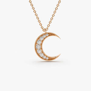 Collier en or 14 carats avec diamant de laboratoire en forme de croissant de lune, 0,12 carats total, couleur G, clarté SI, motif Ciel Nocturne Céleste Sous les Étoiles - Product Image 2
