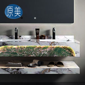 Pierre frittée double évier sans couture mur suspendu marbre salle <span class=keywords><strong>de</strong></span> bain armoire éclairage LED conception vanité lavabo <span class=keywords><strong>pour</strong></span> hôtel - Product Image 4