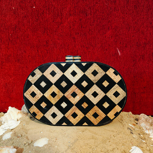 Sac à main ovale en résine et bois incrusté fait à la main avec motif géométrique en diamant Sac à main de soirée de luxe pour femmes - Product Image 1