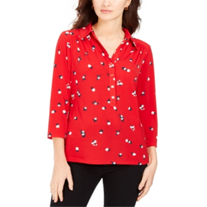 Maglietta Polo da Donna Charter Club a Maniche 3/4 Stampata Rossa XS Traspirante in Spandex con Tessuto Lavorato a Maglia e Logo - Product Image 1