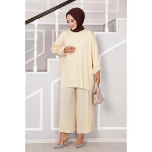 Cuello Redondo Casual Hijab Traje De 2 Piezas Beige - Product Image 3