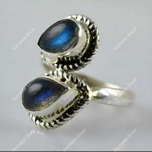 Labradorite Dual Gemstone <b>Ring</b> Gray <b>Statement</b> Piece 925 Sterling Silver Jewelry Inlay Setting Perfect Anniversary Gift - Product Image 6