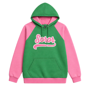 Sudadera con Capucha de Manga Raglán Verde de Hermandad Femenina, Sudadera Informal Elegante Rosa y Verde para Hermandad Universitaria - Product Image 3