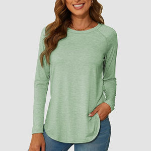 Camisetas de Manga Larga Personalizadas para Mujer, Ecológicas, de Alta Calidad, Transpirables, Antiarrugas, de Color Liso, Corte Regular, Casuales, de Algodón, OEM - Product Image 3