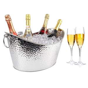 Seau à glace à Champagne populaire pour articles de bar et articles de fête Seau à glace ovale martelé en acier inoxydable en métal avec poignée - Product Image 1