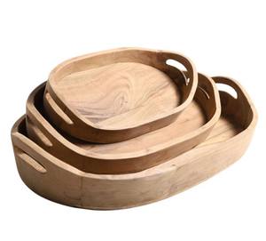 Lot de 3 plateaux de service ovales en bois faits à la main avec poignée Plateau à thé et café le plus vendu pour la maison et le restaurant Plateau de service fait main - Product Image 1