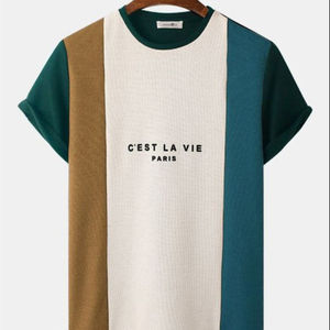 Camisetas de Cuello Redondo Casuales Transpirables y Delgadas con Bloques de Color para Hombre de Alta Calidad, Camisetas de Manga Corta con Estampado de Letras en Bloques de Color Asimétricos para Hombre - Product Image 1