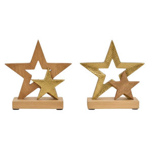 <b>Christmas</b> Star Tabletop Decor Modern Gold & Silver Metal And Mango Wood Star Sculpture On Base Festive Home Decoration <b>Gift</b> - Product Image 1