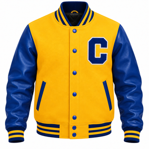 Chaqueta Letterman personalizada de Cosh International en amarillo y azul de moda para hombre con bordado del parche C - Product Image 1