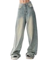 Jean en denim bleu clair taille haute à jambes larges pour femmes, vintage, délavé, coupe ample, streetwear, pantalon baggy, style tendance, vêtements décontractés