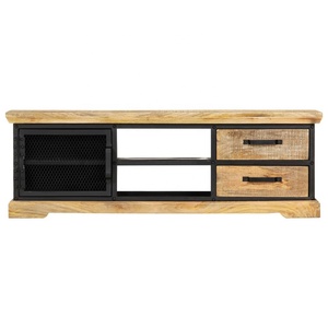Support de téléviseur industriel moderne en bois de manguier massif avec deux tiroirs de rangement Unité multimédia en bois pour la maison salon ferme appartement - Product Image 2