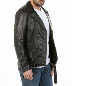 Genuine <b>Men's</b> <b>Black</b> Leather Racing Jacket <b>Real</b> Sheep Leather Riders Jackets With Down and Woven Fabric for Older Motorcyclists - Product Image 2