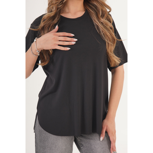 Camiseta Básica de Cuello Redondo sin Costuras LUSTRIN para Mujer, Cómoda Camiseta Negra Lisa de Manga Corta para Uso Diario - Product Image 3